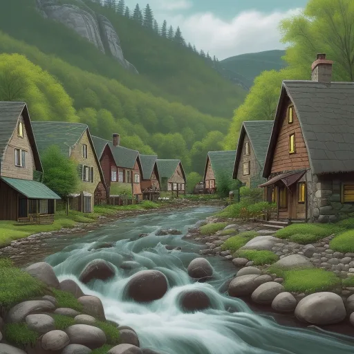 translate image online - a painting of a stream running through a village with houses and a mountain in the background with a stream running through it, by Sven Nordqvist