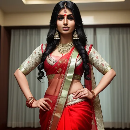 a woman in a red and gold sari with a gold necklace and earrings on her neck and a red blouse, by Hendrik van Steenwijk I