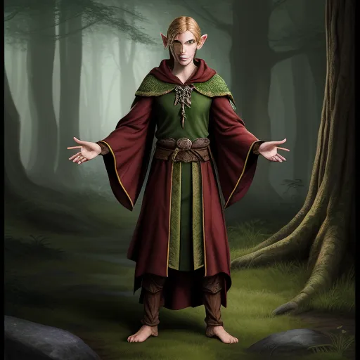 a man dressed in a green and red outfit standing in a forest with his arms out and hands out, by Edward Otho Cresap Ord, II