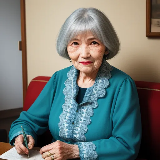 a woman with grey hair sitting at a table writing on a piece of paper with a pen in her hand, by Rumiko Takahashi