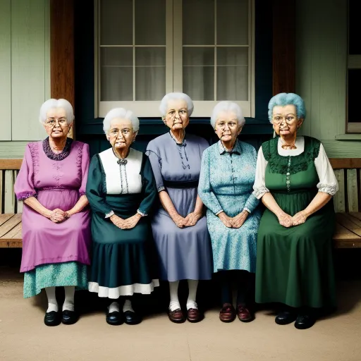 ultra hd print - a group of older women sitting on a bench in front of a house with a porch and a door, by Julie Blackmon