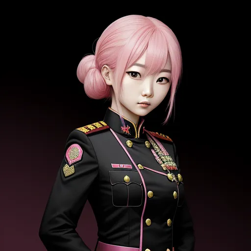 a woman in a uniform with pink hair and a ponytail in a ponytail is standing in front of a black background, by Hanabusa Itchō