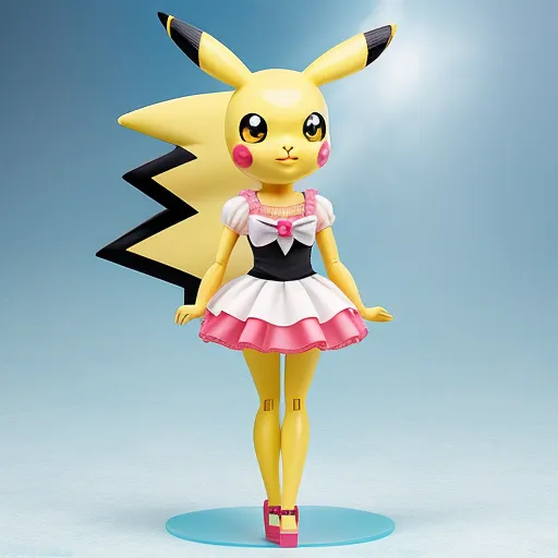 generate photo from text - a doll is dressed in a dress and shoes with a pikachu on it's head and a pink and white dress, by Ken Sugimori