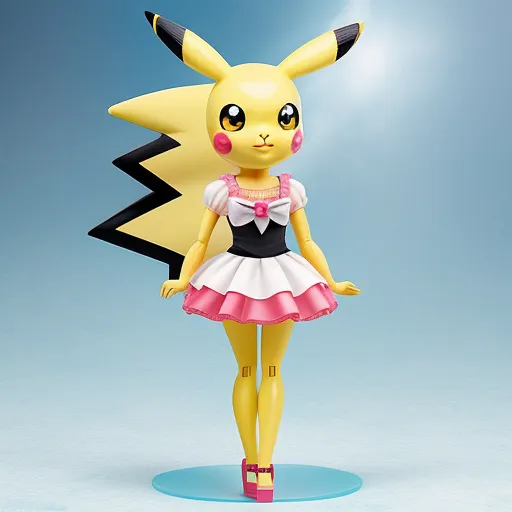 a doll is dressed in a dress and shoes with a pikachu on it's head and a pink and white dress, by Ken Sugimori