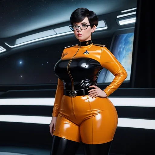 best photo ai software - a woman in a leather outfit posing for a picture in a space station setting with a spaceship in the background, by Terada Katsuya