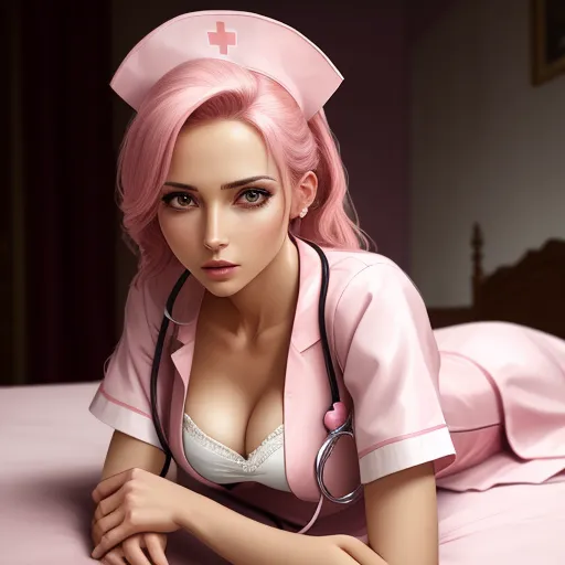 a woman in a pink nurse outfit laying on a bed with a stethoscope on her head, by Hirohiko Araki