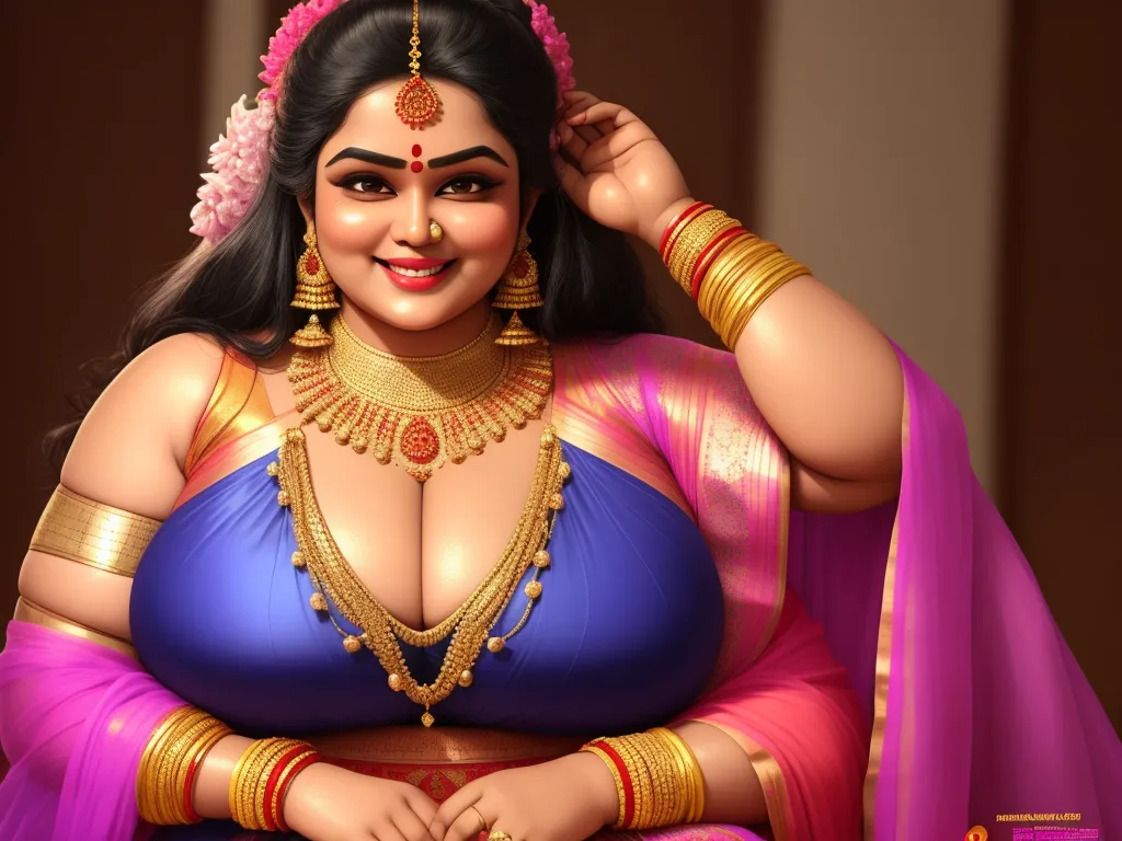 highest resolution image - a woman in a blue and pink outfit with a necklace and earrings on her head and a pink saree, by Botero