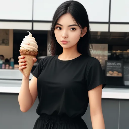 4k quality converter photo - a woman holding a ice cream cone in her hand and looking at the camera with a serious look on her face, by Sailor Moon