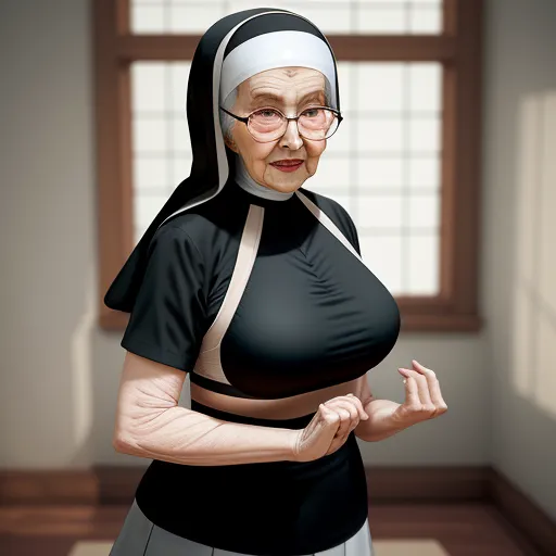 best ai photo enhancement software - a nun is standing in a room with a window and a rug on the floor, and she is wearing a black dress with a white sash, by Hirohiko Araki