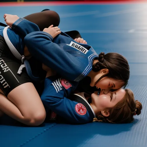 ai image generators - a woman is wrestling a girl in a blue uniform on a blue mat with a black belt and a red and white belt, by Gatōken Shunshi