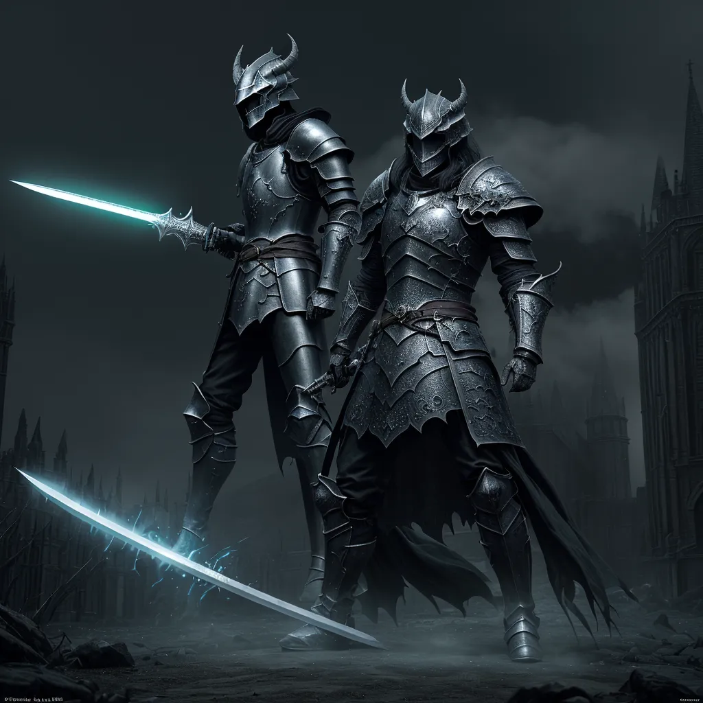 two knights in full armor holding swords in a dark city at night with fog and clouds behind them,, by Kentaro Miura