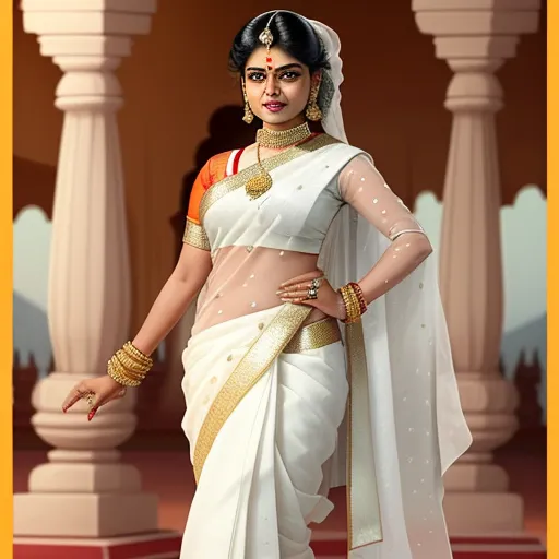 how to make pictures higher resolution - a woman in a white sari and gold jewelry standing in front of pillars with a yellow frame around her, by Raja Ravi Varma