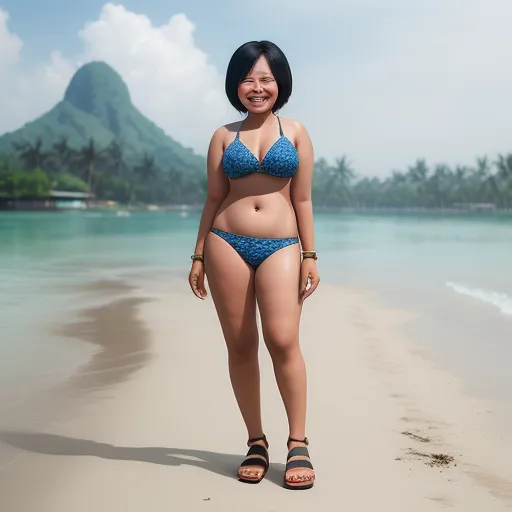 a woman in a bikini standing on a beach next to the ocean with a mountain in the background and a blue sky, by Chen Daofu