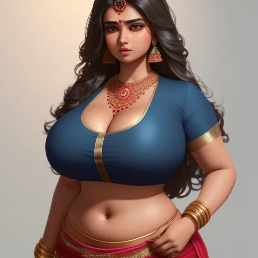 a woman in a blue top and red skirt with a gold necklace on her neck and a necklace on her chest, by Raja Ravi Varma