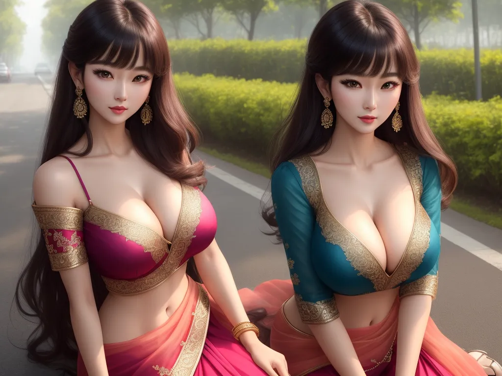 how to increase picture resolution - two women in sari are sitting on the side of the road, one is wearing a bra and the other is wearing a skirt, by Chen Daofu