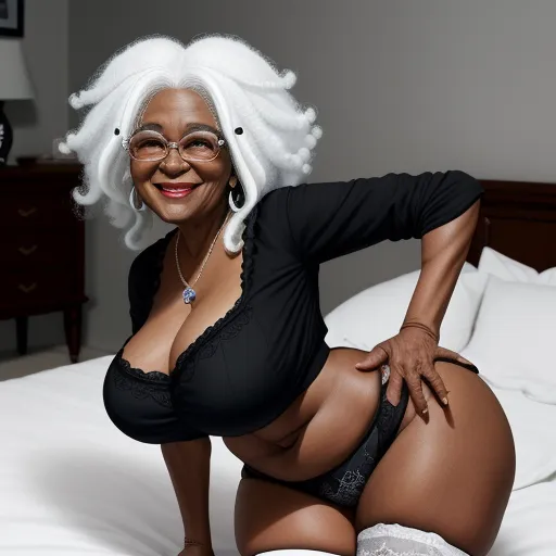 a woman with white hair and glasses on a bed with a white blanket and a white headband on, by Mickalene Thomas