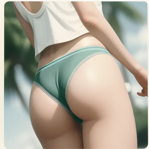 change image resolution online - a woman in a green panties is standing in front of a palm tree and wearing a white shirt and shorts, by Terada Katsuya