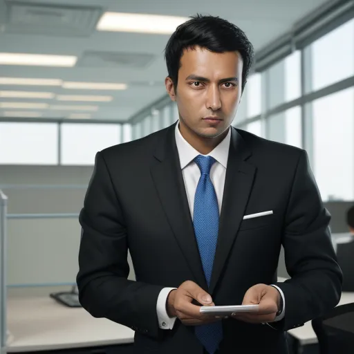 a man in a suit holding a tablet computer in an office setting with a window in the background and a desk in the foreground, by Hendrik van Steenwijk I