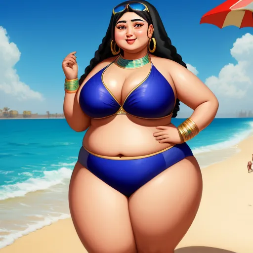 text to ai image generator - a cartoon of a woman in a bikini on the beach with an umbrella in the background of the image, by Botero