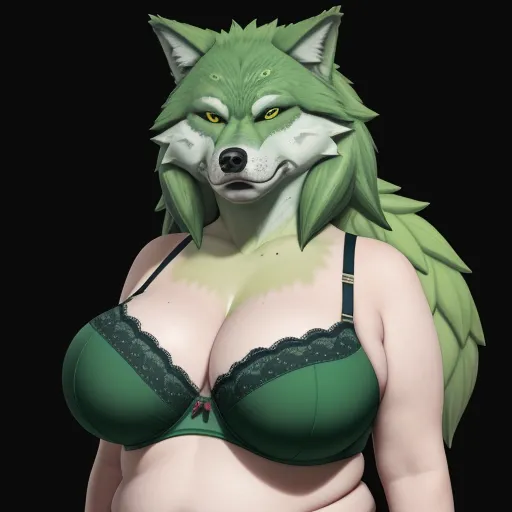 a woman in a bra with a wolf head on her chest and a bra top on her chest,, by Terada Katsuya