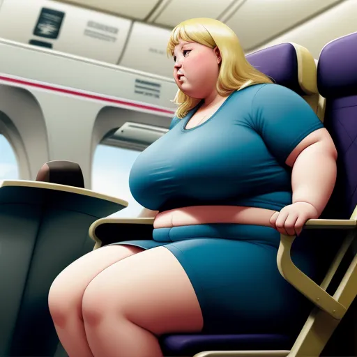 a fat woman sitting on a seat on a plane looking at her cell phone while she's on the plane, by Hanna-Barbera