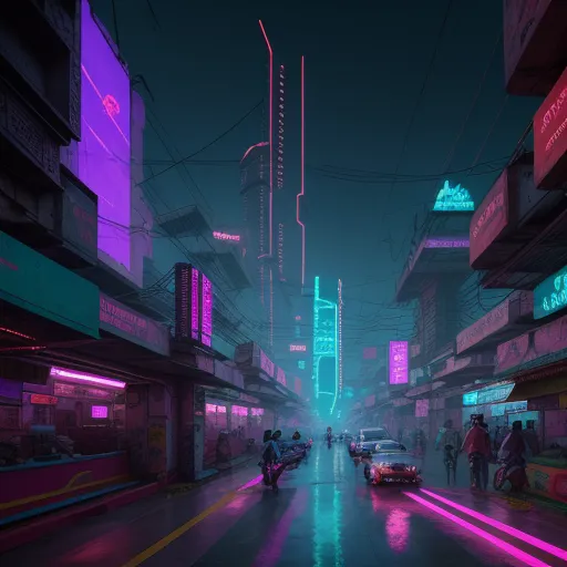 a city street with neon lights and people walking on the sidewalk at night time with neon lights on the buildings, by Liam Wong