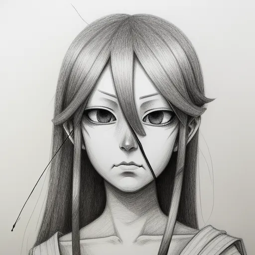 a drawing of a girl with long hair and a ponytail with a knife in her hair and a sad face, by Hanabusa Itchō