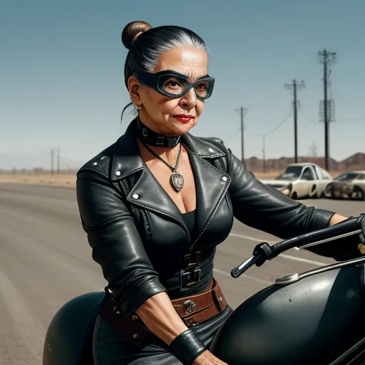 text to picture ai generator - a woman in a leather outfit riding a motorcycle on a road with cars behind her and a sky background, by Alex Prager