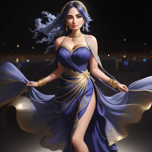 a woman in a blue dress with a gold belt and a gold necklace and a gold headpiece and a gold and silver necklace, by Lois van Baarle