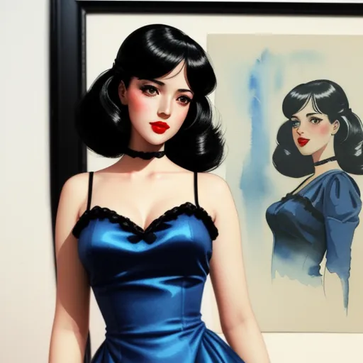 a woman in a blue dress standing next to a painting of a woman in a blue dress and a picture of a woman in a black dress, by Lois van Baarle