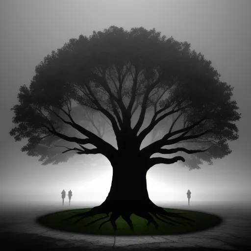 4k picture converter free - a large tree with a person standing in the background in a foggy field with a person standing in the distance, by Adam Martinakis