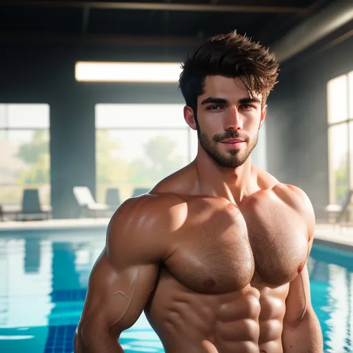 image resolution enhancer - a man with a muscular body standing in front of a swimming pool with his hands on his hips and his shirt off, by Hendrik van Steenwijk I