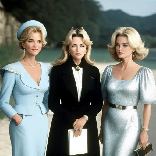 three women in formal wear standing next to each other on a beach with a mountain in the background and a body of water in the foreground, by Slim Aarons