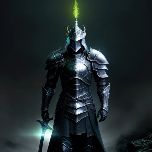 a man in a suit of armor holding a sword and a glowing green light in his hand, standing in a dark room, by Kentaro Miura