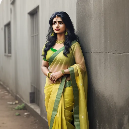 generate images from text - a woman leaning against a wall wearing a yellow and green sari with a green border and a green blouse, by Johannes Vermeer