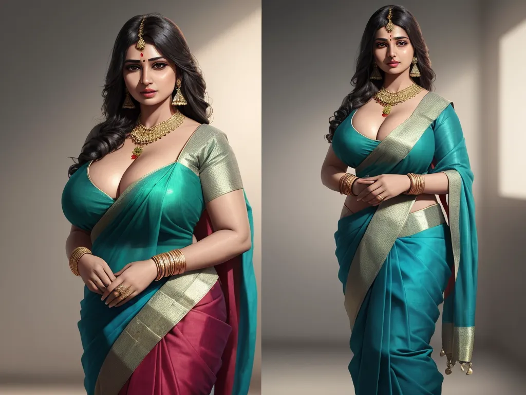 a woman in a sari with a necklace on her neck and a necklace on her shoulder, and a woman in a sari with a necklace on her shoulder, by Raja Ravi Varma