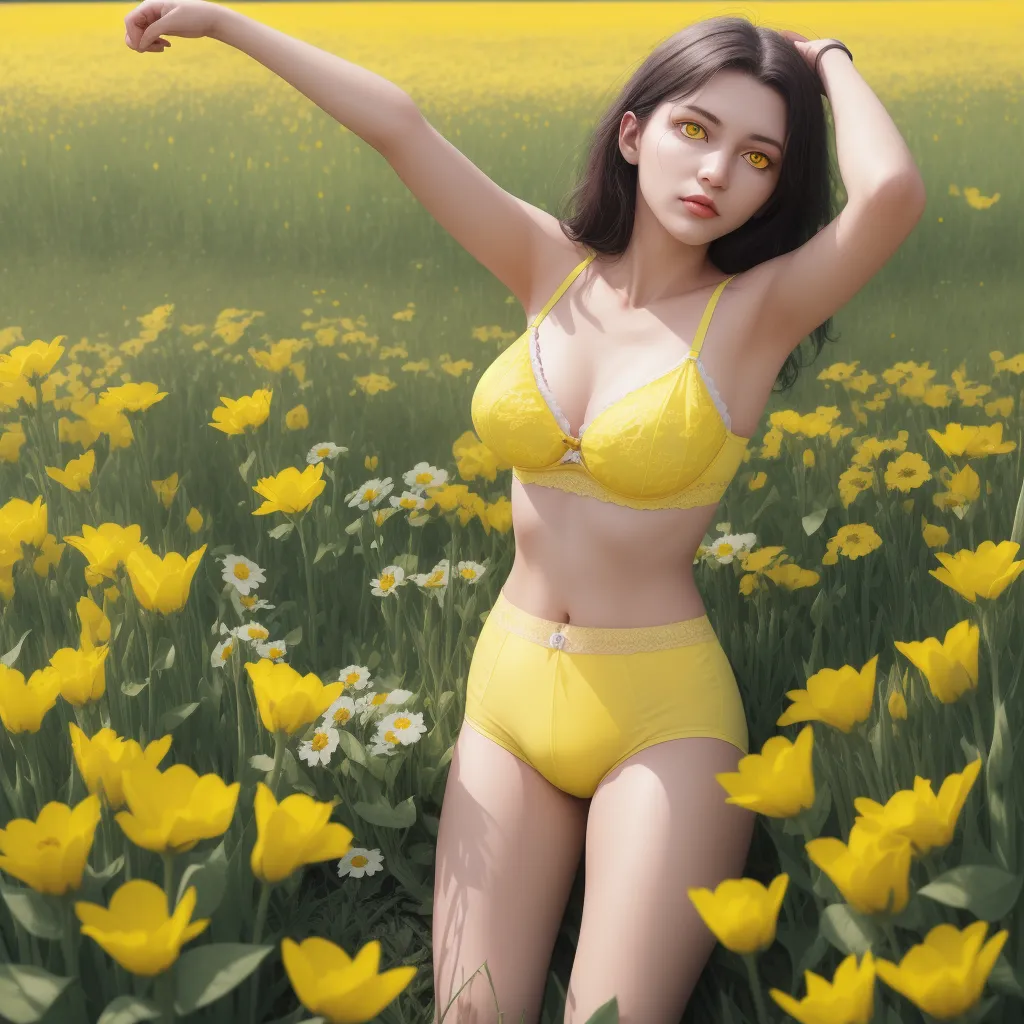 a woman in a yellow bikini in a field of flowers with her arms outstretched in the air, with her hand on her head, by Hsiao-Ron Cheng