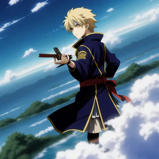 a man in a blue coat holding a gun in the air with clouds in the background and a blue sky, by Toei Animations