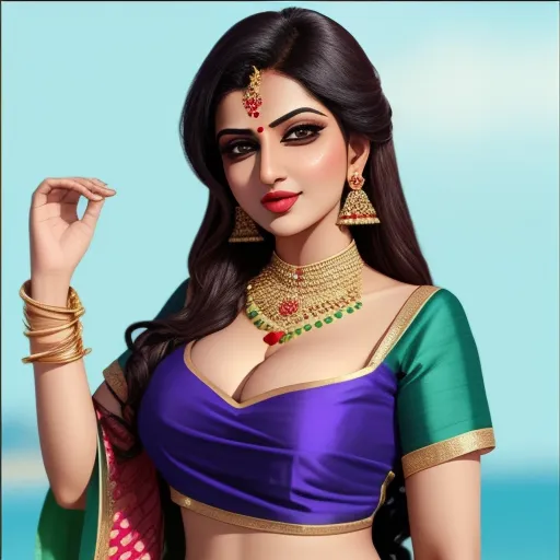 best ai photo editor - a woman in a blue and green sari with a necklace and earrings on her neck and a hand in her other hand, by Raja Ravi Varma