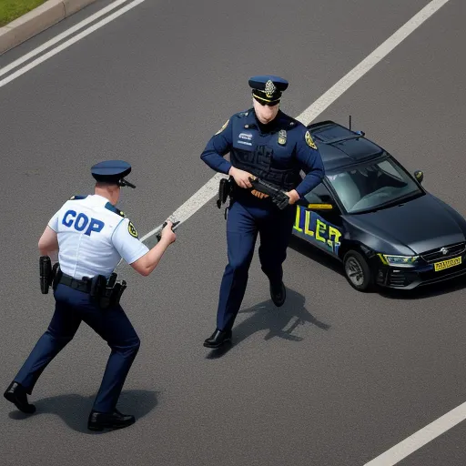 a cop is directing a cop officer on the street with a gun in hand and a police car in the background, by Gregory Crewdson