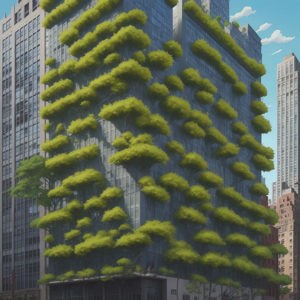 ai text to image - a tall building with a bunch of green plants growing on it's side and a bus driving by, by Bjarke Ingels