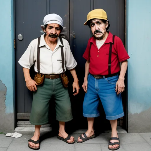 two men standing next to each other in front of a door with a hat on his head and a pair of sandals on his feet, by Os Gemeos