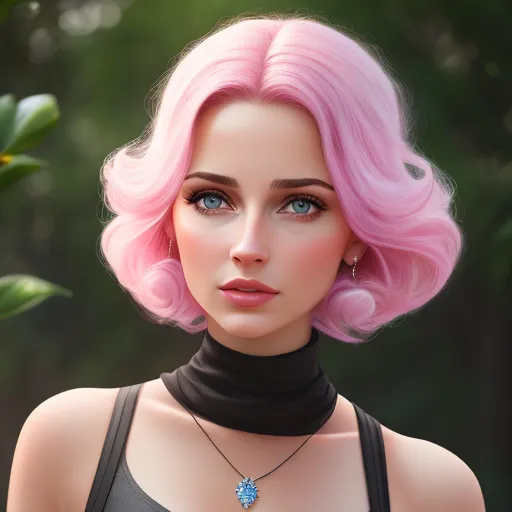 ai text to image - a digital painting of a woman with pink hair and a necklace on her neck and a green background with trees, by Lois van Baarle
