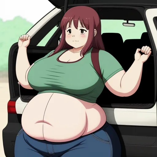 a woman with a big belly standing next to a car with her hand on her hip and her right hand on her hip, by Toei Animations