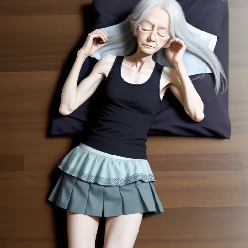 a woman with grey hair is laying on a bed with a black shirt and a blue skirt on it, by Leiji Matsumoto