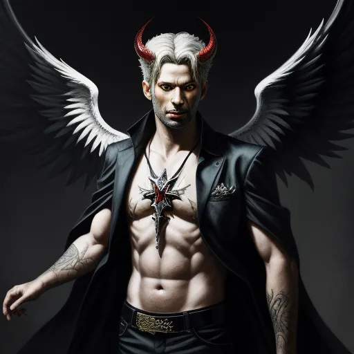 what is high resolution photo - a man with a cross and wings on his chest and chest, wearing a black jacket and a cross necklace, by Edmond Xavier Kapp