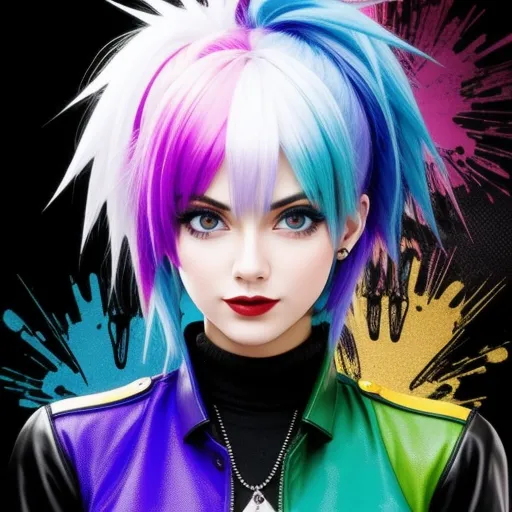 a woman with colorful hair and a black shirt and a necklace on her neck and a black shirt with a colorful design on it, by Patrice Murciano
