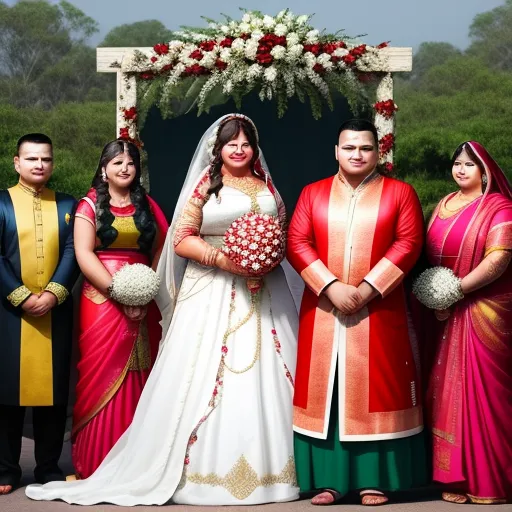a bride and groom posing for a picture with their family members in traditional indian garb and garlands, by Hugo van der Goes