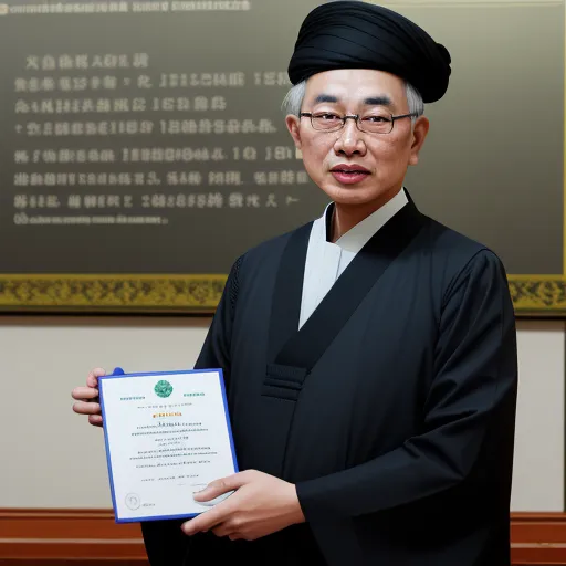 a man in a black robe holding a certificate in his hands and a plaque in his other hand in front of him, by Liu Ye