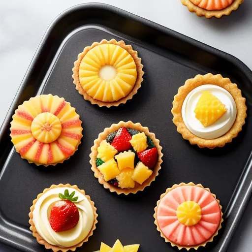 best image ai - a tray of small pastries with fruit on top of them and a cupcake on the side of the tray, by Emily Murray Paterson